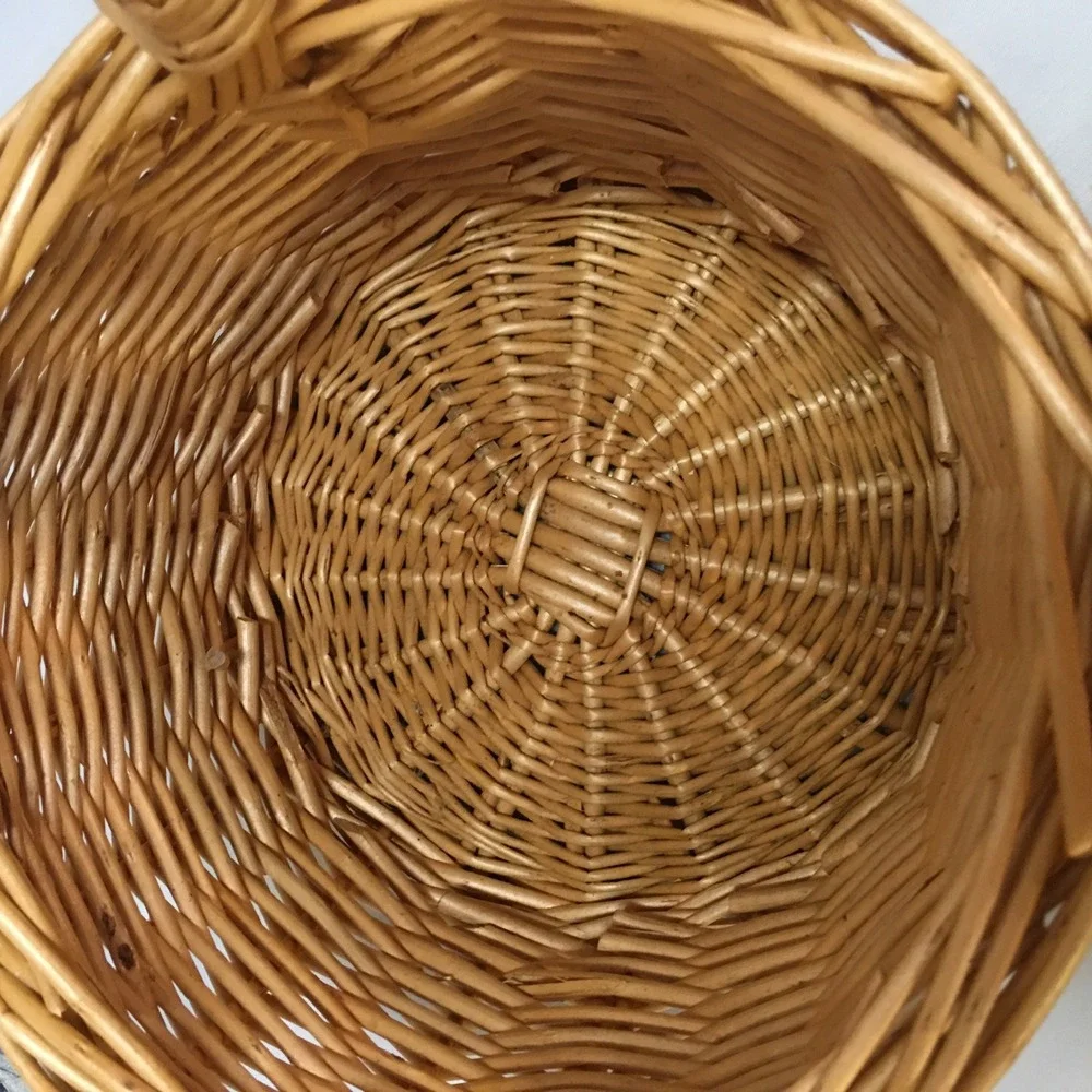 Wicker Round Basket Unisex Small Natural Tan Hand Woven Fixed Handle Cottagecore
